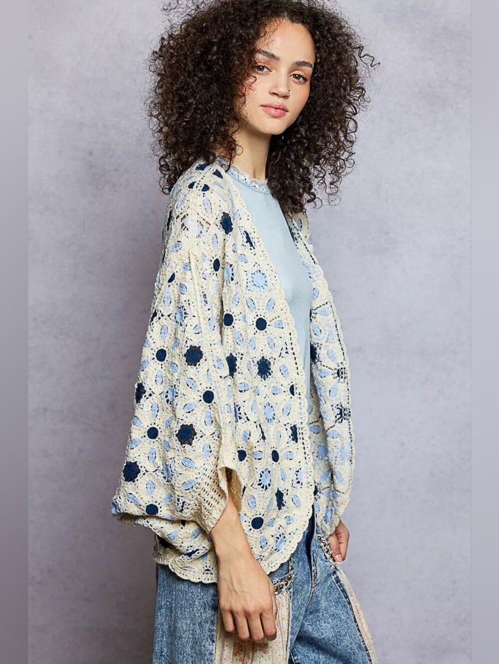 POL Open Front Floral Crochet Blue Cream Boho Kimono Cardigan Cover Up One Size - Picture 3 of 10